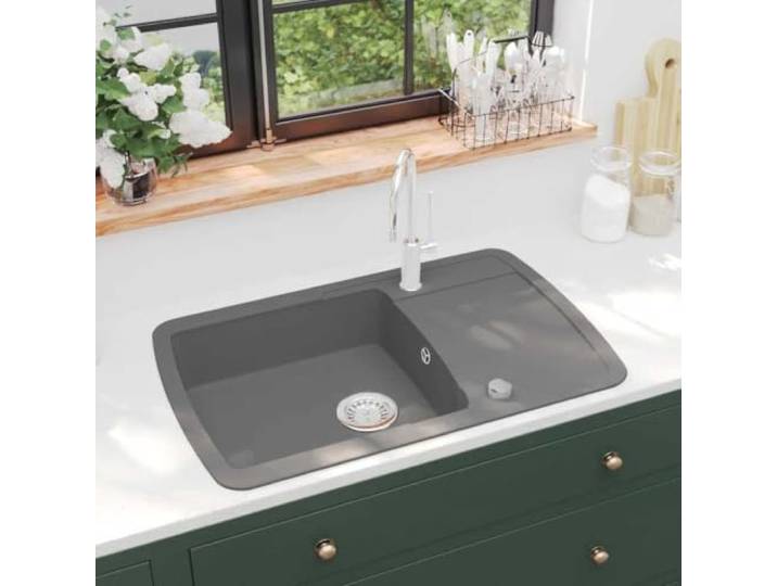 KFPOERTFGD Granitspüle Einzelbecken Grau 780x500mm Küchenspüle mit Reversibler Einbau, Hitzebeständig bis 280 C, Kratzfeste Oberfläche