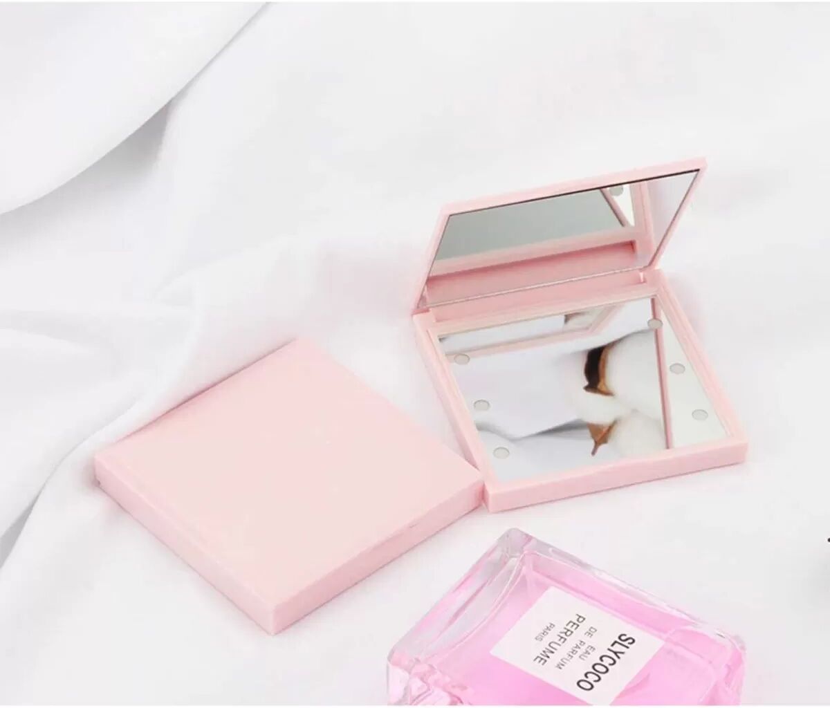 INF Miroir de Maquillage LED Pliable avec 6 Lumières - Compact et Portable Rose