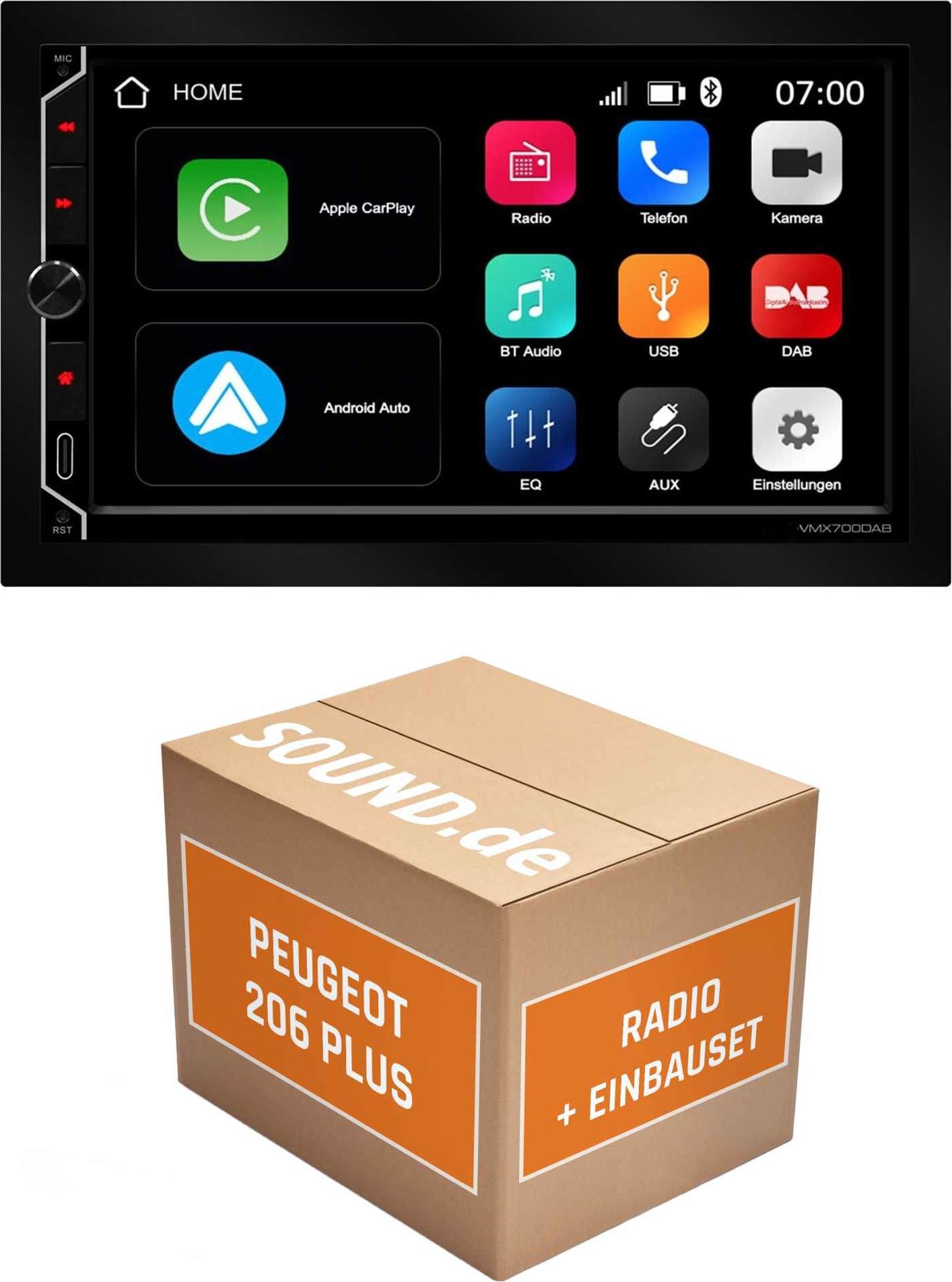 Autoradio Einbaupaket ESX VMX700DAB passend für Peugeot 206+ | CarPlay Wireless Android Auto Wireless Bluetooth