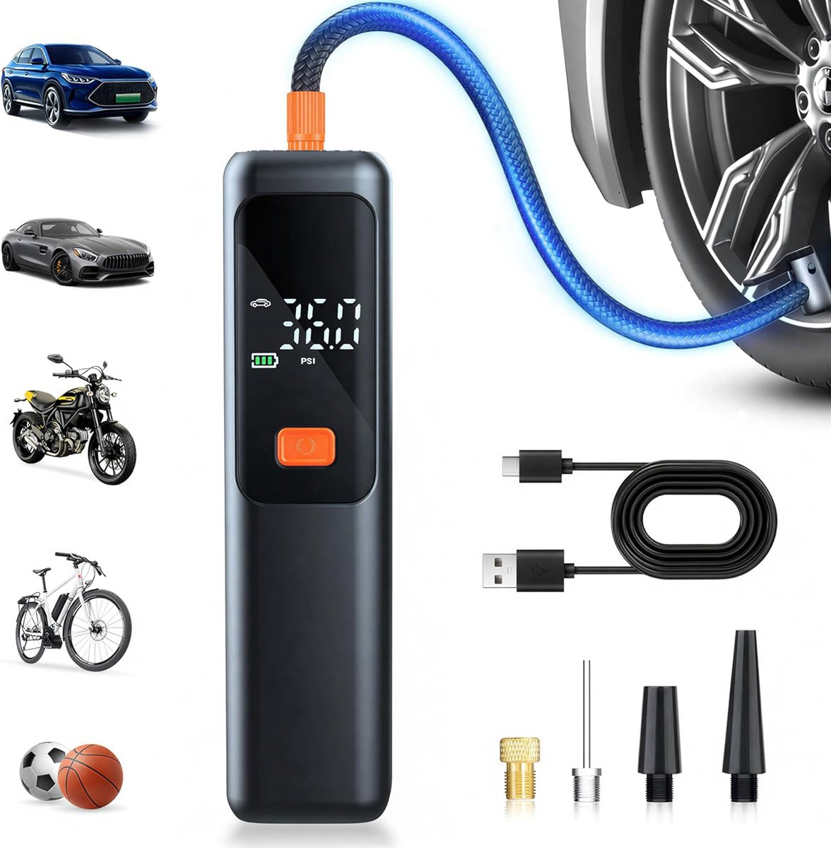 Draagbare Luchtcompressor Elektrische Bandenpomp 2000 mAh - Zwart