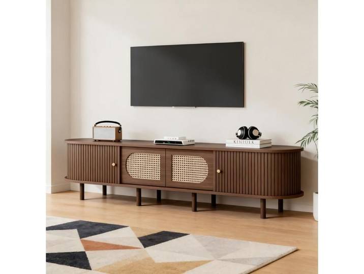 Meuble TV - SENVIRO esprit rotin noyer fonce 180x40x40 cm brun fonce