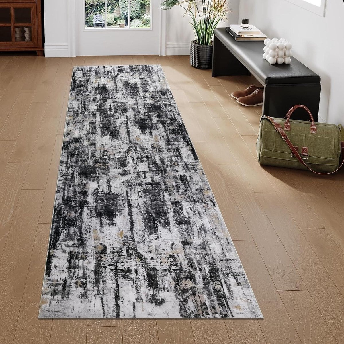 Gangloper Antislip Tapijt Zwart Goud Abstract Modern Kunstwol B/D/H: 65 x 240 cm