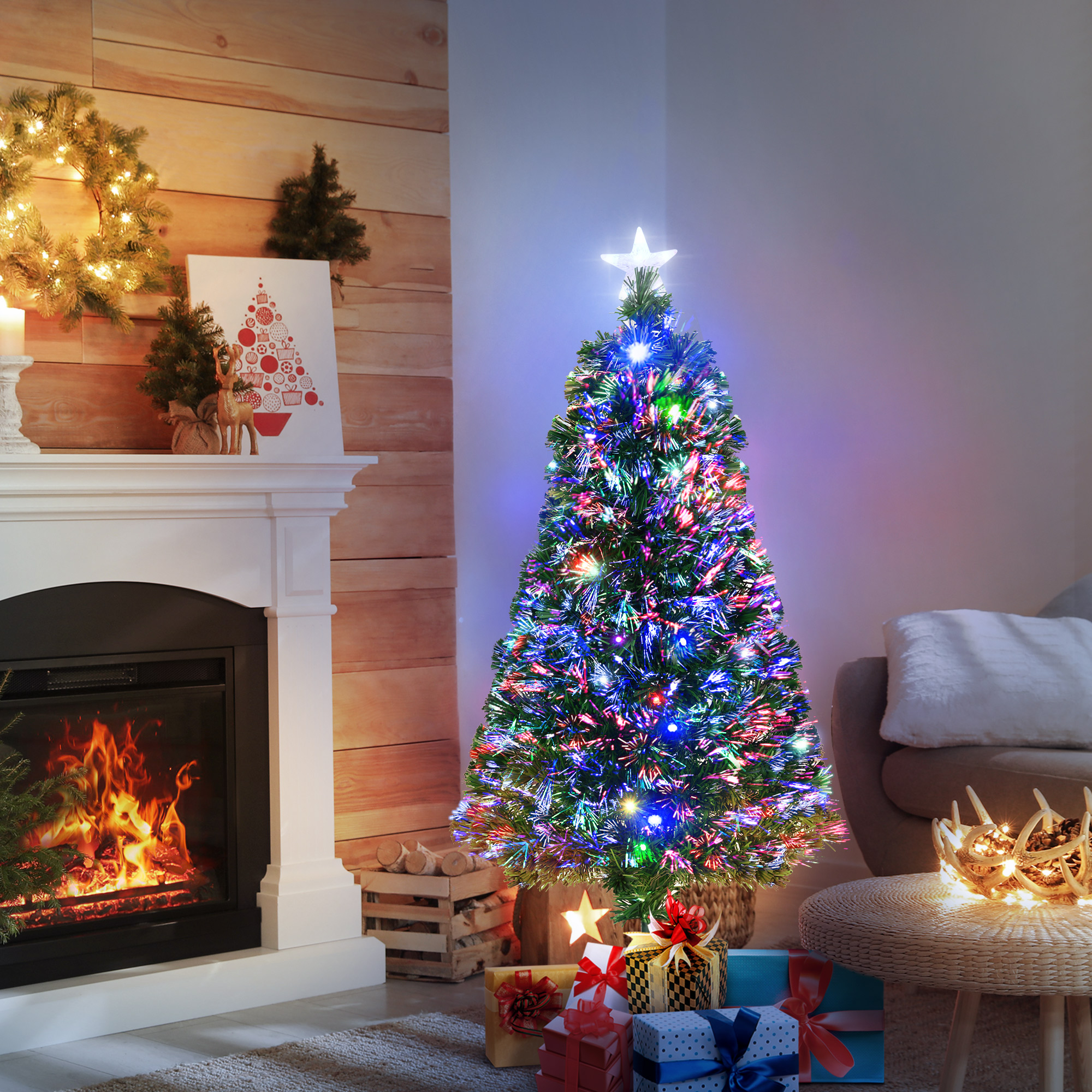 Homcom Albero di Natale a Fibre Ottiche 120cm Albero di Natale Artificiale con 16 Luci LED di 3 Colori e Rami in PVC Aosom
