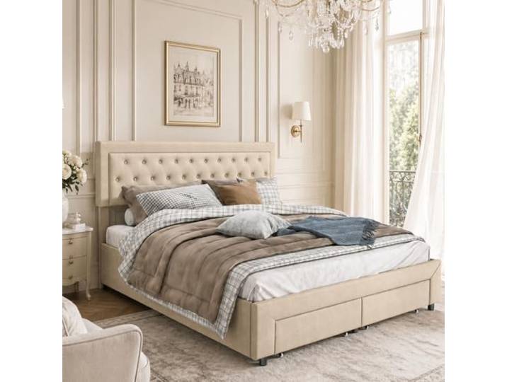 Polsterbett 160x200cm , Gepolstertes bett mit Stauraum，Doppelbettgestell mit Kopfteil & Lattenrost, Hydraulisches Stauraumbett Jugendbett für Schlafzimmer, ohne Matratze(Beige+Schublade, 160x200cm)