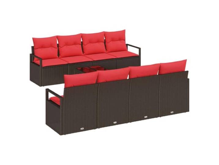 ZQQLVOO Sofa Set 7 STK. 6-Sitzanzahl Braun und Rot Poly Rattan UV-beständiges Poly-Rattan, Stahlrahmen, abnehmbare Schaumstoffkissen, gehärteter Glastisch, Außenbezug