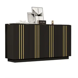 Merax Sideboard, Wohnzimmerschrank mit 4 Türen, verstellbaren Einlegeböden & goldenen Zierleisten, 140 x 35 x 70 cm, Schwarze