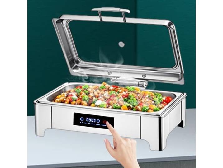 Aocay 9L Chafing Dish Elektrisch Glasdeckel(B,Full Pan) Speisewärmer Buffetwärmer Elektrisch Einstellbarer Temperatur, Edelstahl Wärmebehälter für Essen für Hotels, Buffet, Partys
