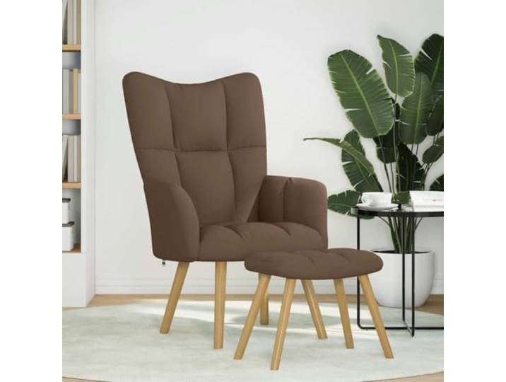 Relaxsessel mit Hocker Braun Stoff Polyestergewebe, Holz-Metall-Gestell, gepolsterte Sitz- und Rückenlehne, Armlehnen, Fußstütze