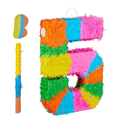Relaxdays Piñata Cijfer 5 Regenboog met Stok en Blinddoek, Multicolour, B/D/H: 50,5 x 35,5 x 7,5 cm