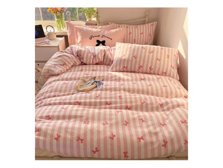 LuxusKollektion Jugendbettwäsche Bettwäsche 200x220 Rosa Gestreift mit Schleifen