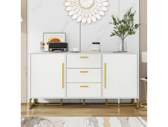Buffet de Cuisine VIVRYN 2 portes et 3 tiroirs 145 x 40 x 75 pieds dorés MDF blanc