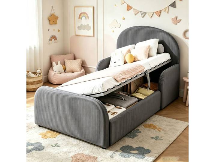 Lit Enfant Velours Gris 90x200 Cadre De Lit Rembourré FloraGrace Pour Chambre Enfant Avec Coffre Hydraulique 214x102x102cm