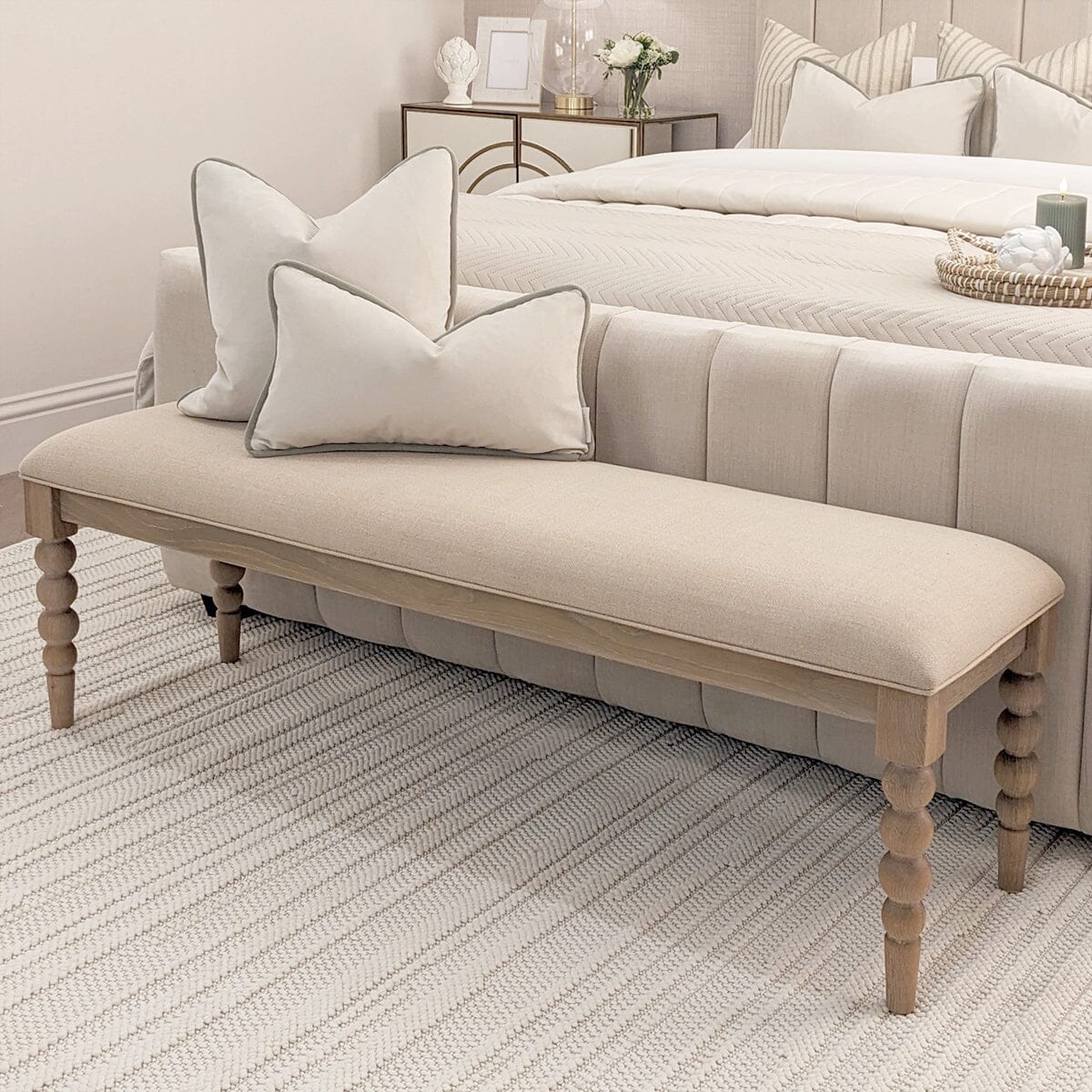 Blenheim Linen Fabric Top Bench with Oak Legs