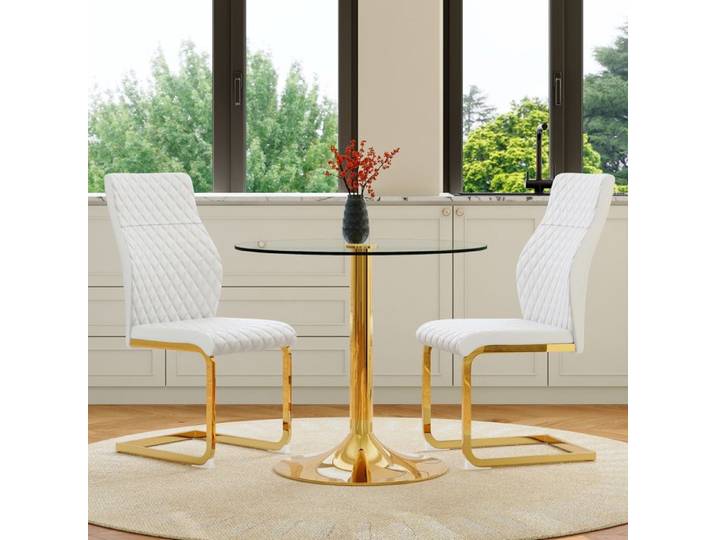 WUVRIE Ensemble table et chaises 3 pieces table ronde en verre trempe 85 cm avec 2 chaises blanches et or