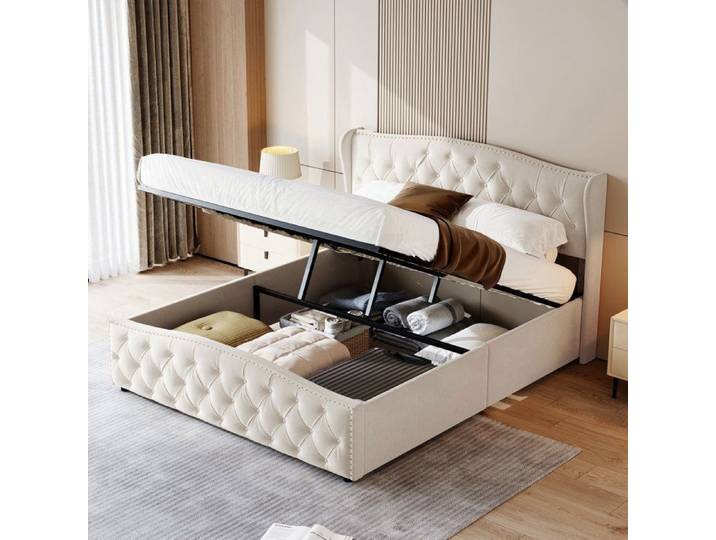 Lit 140 x 200 avec sommier lit 140 Lit 140x200 cadre de lit Lit double tête de lit lignes ondulantes rivets décoratifs Velours Beige