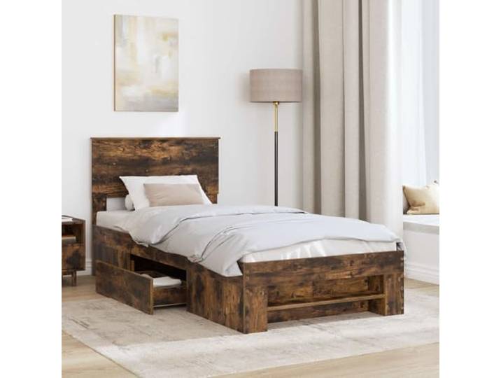 KTHLBRH Bettgestell Eiche Rauchgrau 90 x 200 cm Mehrschichtiges Holz, integriertes Kopfteil, modernes Design, stabile Basis