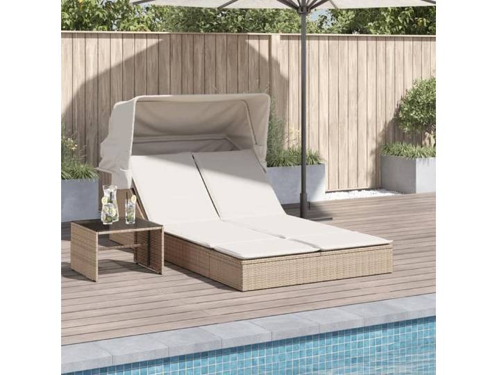 Chaise longue double avec auvent et coussins beige poly rotin 368641