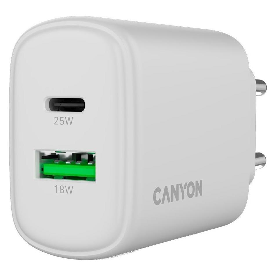 Canyon Adapter charger OnCharge 250 25W 1xPD 1xQC EU White (25 W, 2 Ports) (CANYON)