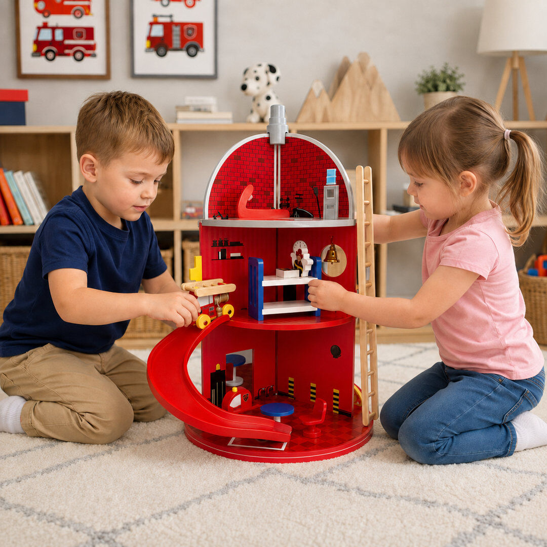 Teamson Kids 3-Story Wooden Fire Station Playset, Red Rotating Hydrant-Shaped Firehouse Pretend Play Set with 24 Pretend Play Figurines Red 59cm H X 38cm W X 38cm D