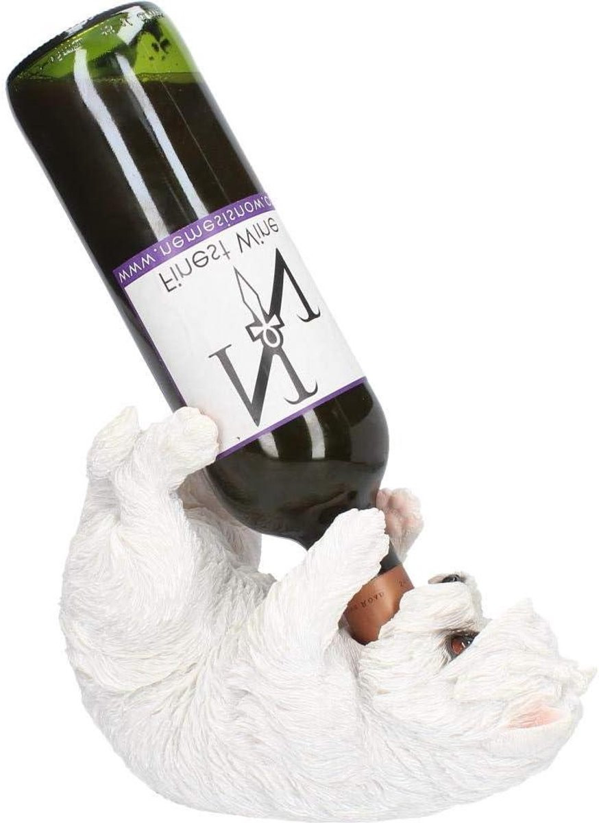 Handgeschilderde Wijnfleshouder Hond - Wit - 21 cm
