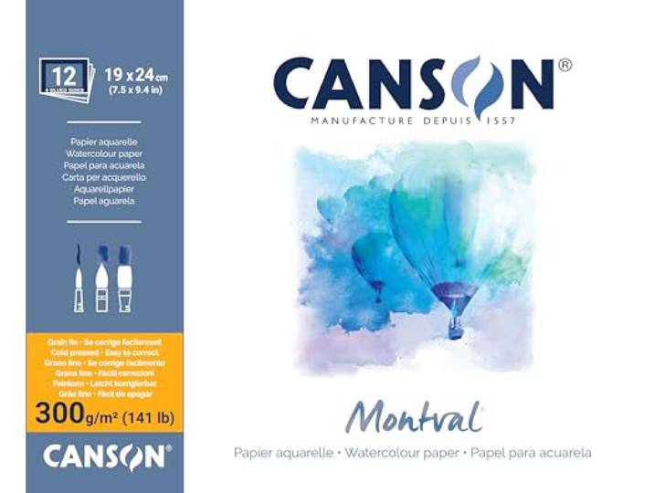 CANSON Montval, aquarelpapier, fijn, 300 g/m², rondom gelijmd blok, 19 x 24 cm, wit, 12 vellen