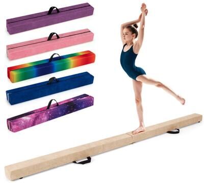 Costway Folding Balance Beam with Solid Wood Base and Anti-slip Bottom-Beige
