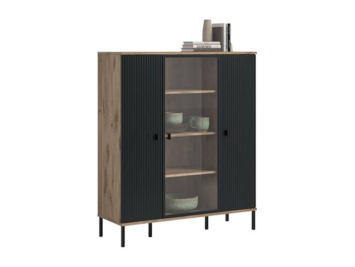 xonox.home – Highboard Chess 115x137x41 cm in Schwarz Tiefzieh und Nox Oak Nachbildung – Schrank mit Glastür & 10 Fächern – Elegante Präsentationsfläche & geschlossene Ablage für Ihr Wohnambiente