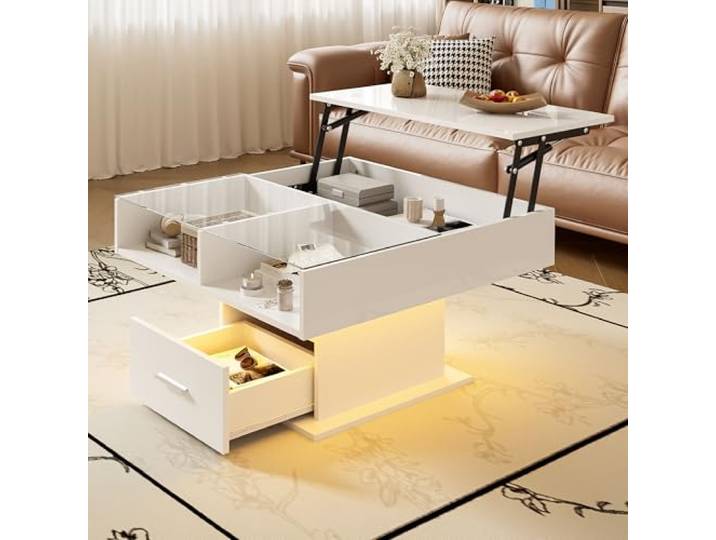 Couchtisch aus Glas, Glastüren, Stimmungs-LEDs, verstellbare Einlegeböden