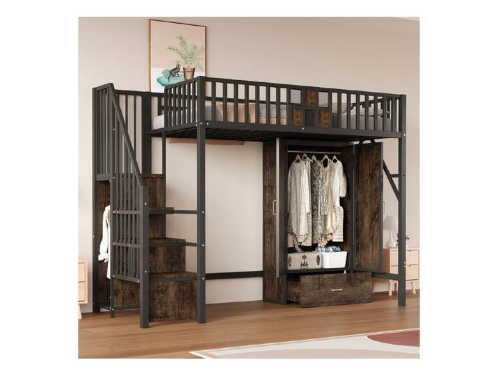 KLAM HOME Hochbett Hochbett mit integriertem Kleiderschrank und Aufbewahrungsleiter (Innovatives Raumwunder mit markantem Holz-Metall-Design) Perfekte Schlaf- und Stauraumlösung für Teenager und Erwachsene