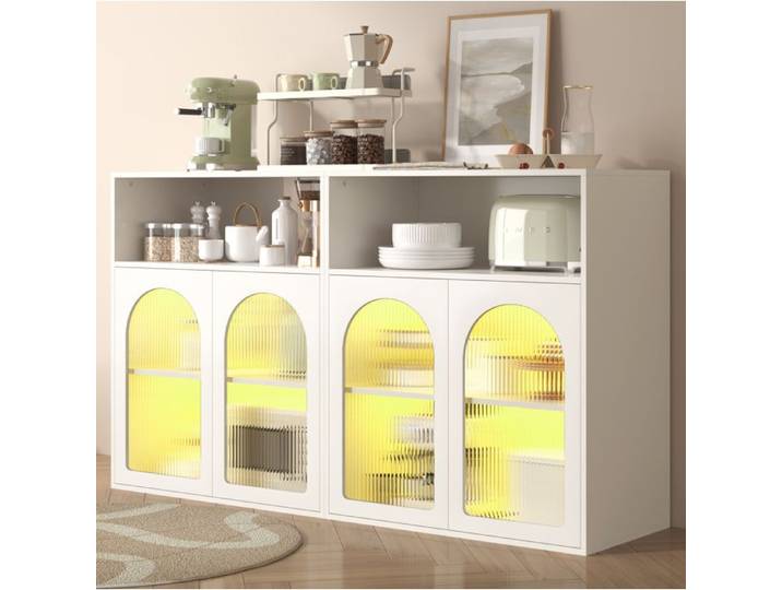 WOVREO Buffet bas 140 x 35 x 90 cm avec 4 portes vitrees LED integre MDF blanc