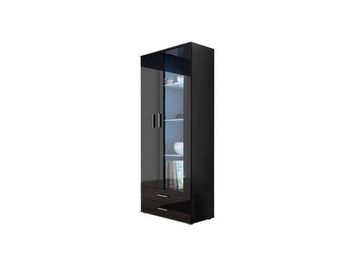 Mirjan24 Vitrine Soho S06 mit weißer LED Beleuchtung, Schwarz, Kunststoff, 2 Schubladen, Rechteckig, 80x192x43 cm, Esszimmer, Vitrinen, Vitrinenschränke