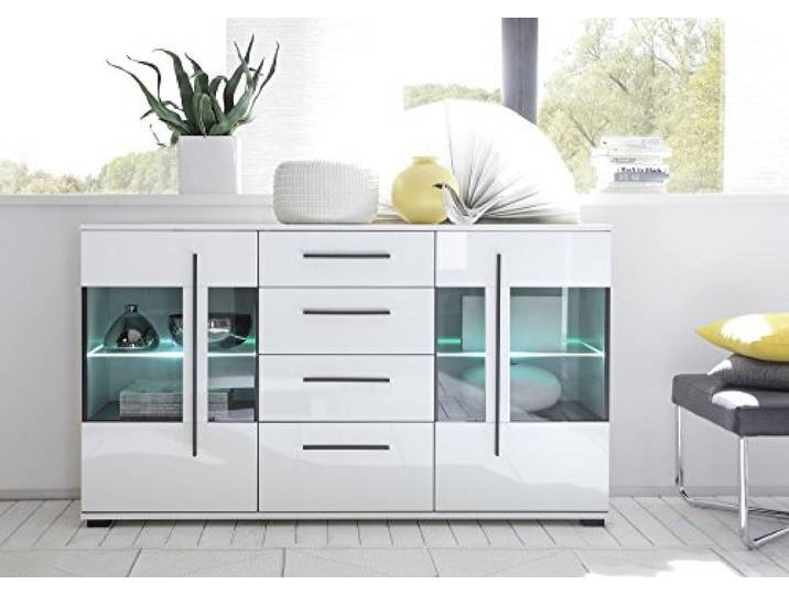 Beauty.Scouts Sideboard Drucha I Kommode, Schrank, Aufbewahrung, Vitrinenschrank, Optional mit LED Beleuchtung, Hochglanz weiß, Grauglas, 150x86x42cm Größe mit Beleuchtung