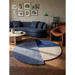 Wollteppich geometrisch Blau-Beige Ø200 cm - HALLEIN   Kadima Design