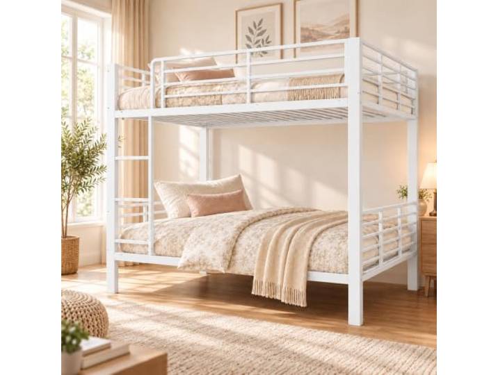 Etagenbett Metall 140x200 cm mit Leiter und Rausfallschutz, Metallbett mit oberem Schutzgitter und Zugang per Leiter für Kinder- und Jugendzimmer.