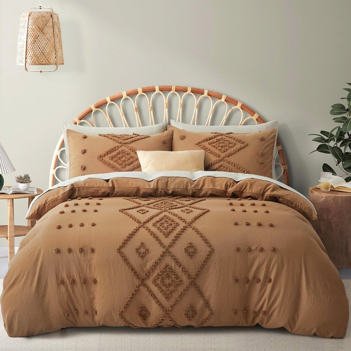 3-delige Queen Size Dekbedovertrek Set met Boho Borduurwerk in Shabby Chic Stijl - Pompoenbruin