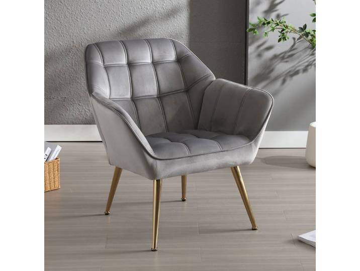 Wahson Fauteuil Salon Moderne 1 Place Fauteuil Velours avec Pied Doré Fauteul Design Salon Rembourré Scandinave Fauteuil Gris