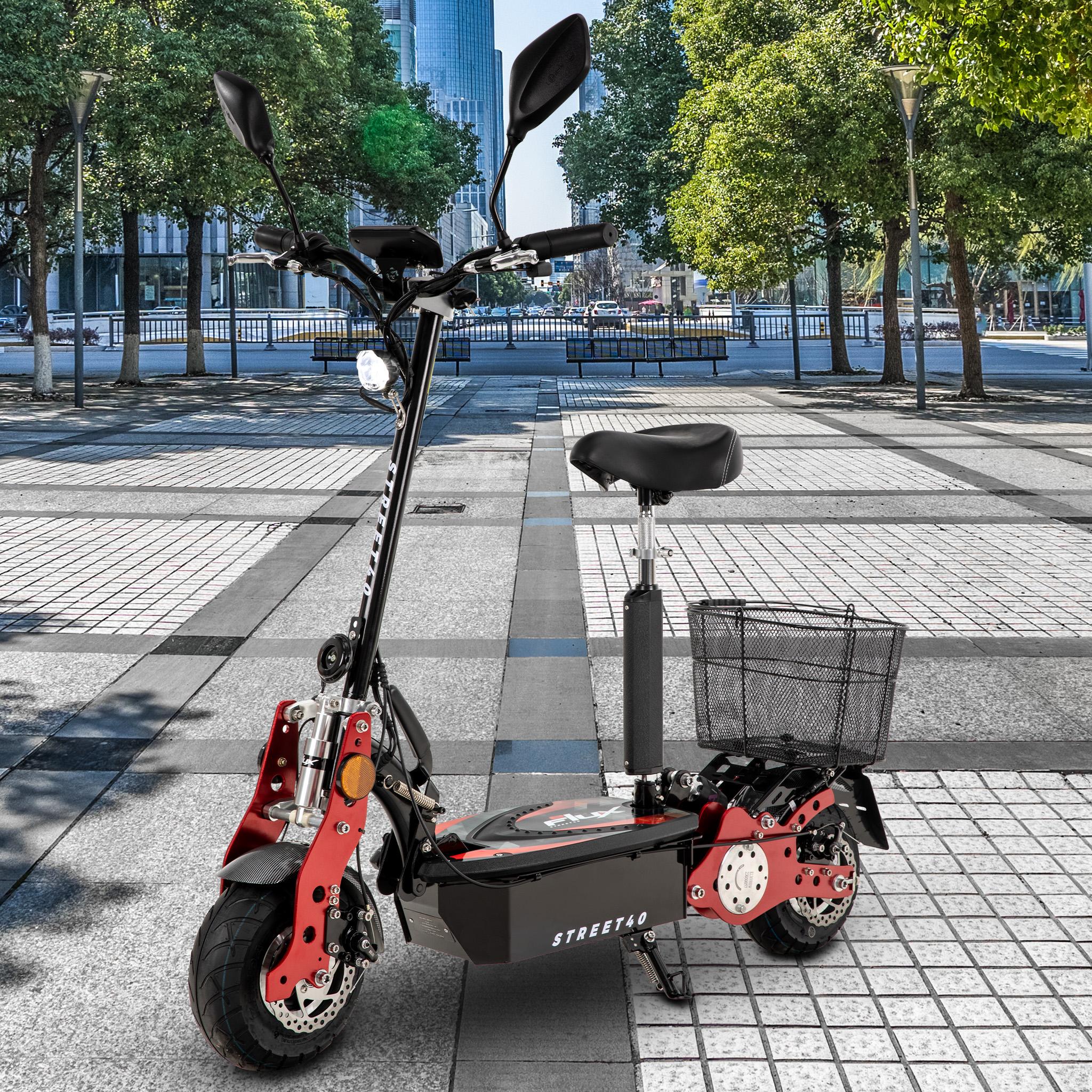 eFlux E-Scooter Street 40 Pro | Scooter Klappbar - Elektro Roller - Mit Sitz und Gepäckkorb - E-Roller - Straßenzulassung (Rot Schwarz)
