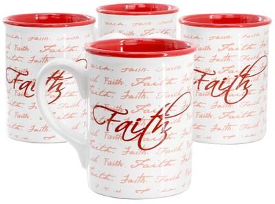 Gibson Home Inspirational Words Faith 4 Piece 16 Ounce Stoneware Mug Set in Red