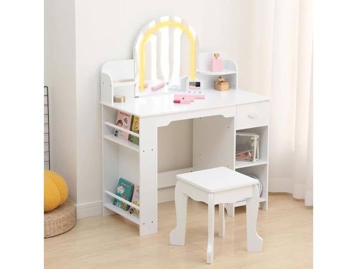 GarveeTech 2-in-1 Kinder Schminktisch-Set Aus Holz Mit Hocker&LED-Spiegel 3-teiliger Klappspiegel, Schublade&Ablagefächer, Prinzessinnen-Frisiertisch/Make-up Spielset für Mädchen