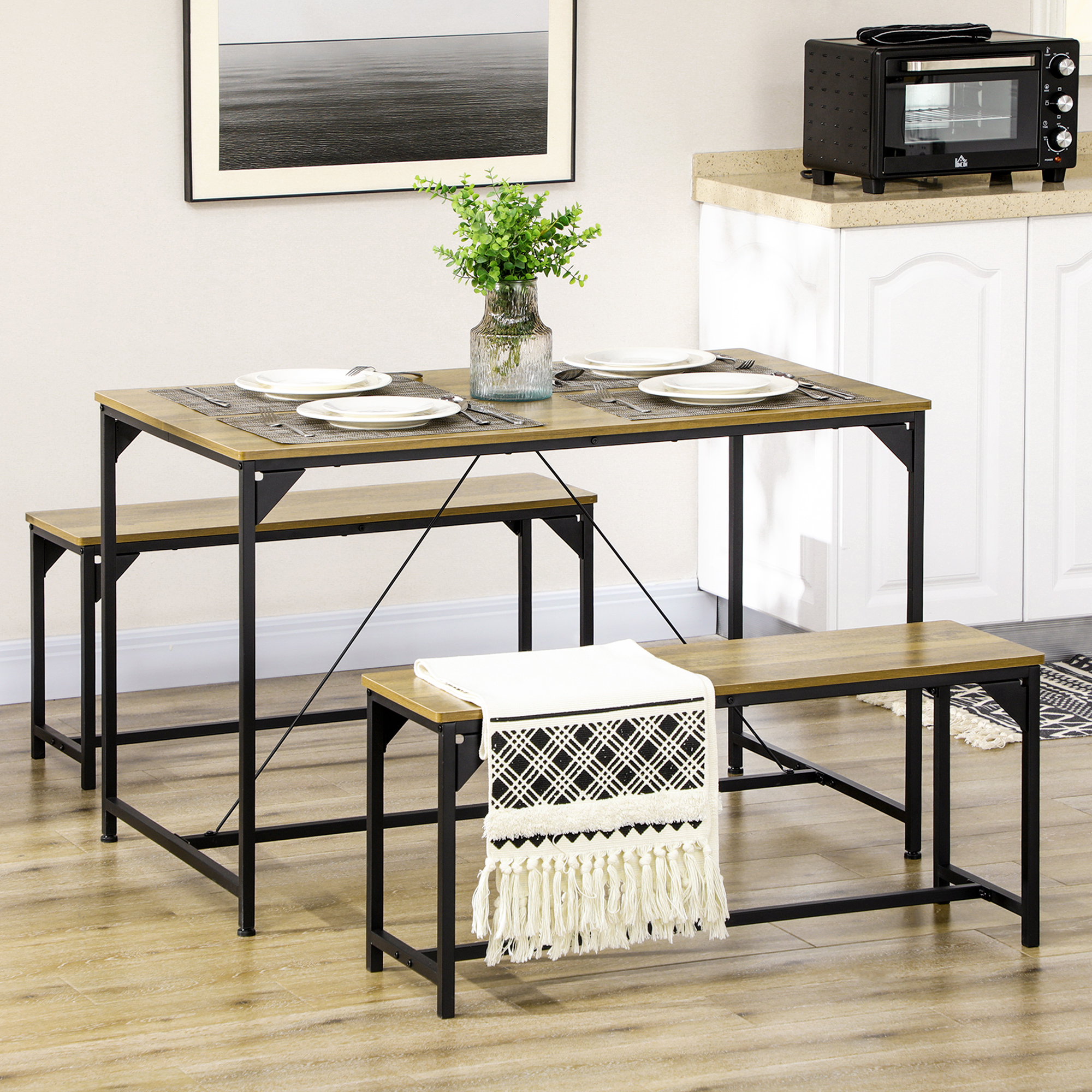 Homcom Set tavolo da pranzo e 2 panche struttura in acciaio 4 persone per cucina sala da pranzo salotto naturale e nero
