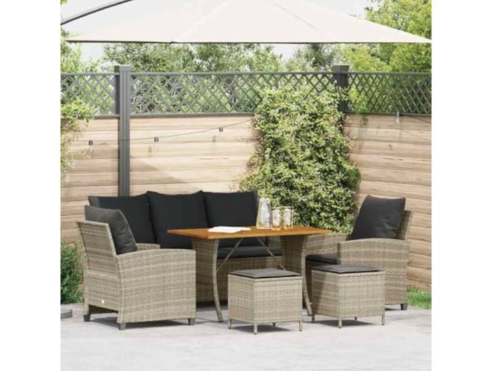KTHLBRH Gartenmöbel-Set aus Polyrattan, 6-teilig, hellgrau Mit Kissen, Couchtisch Akazie, 2 Sessel, 2 Fußstützen, waschbar