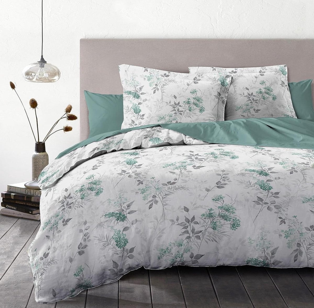 4-delig katoenen beddengoedset wit groen 240x300 cm