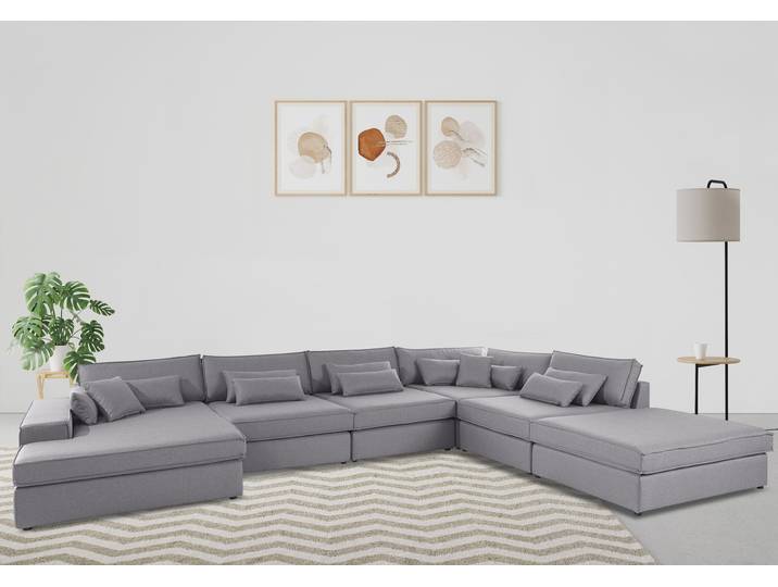 Wohnlandschaft, Baumwollmix, Hellgrau, 460×330 cm, U-Form, Landhaus, 6-teilig