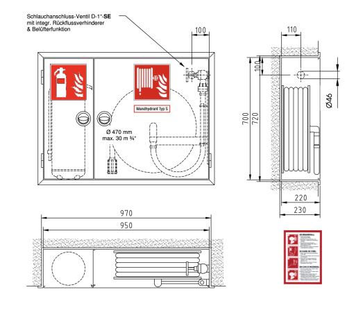 UP Wandhydrantenschrank Typ S Wandhydrant Einbauschrank, inkl. Feuerlöscherfach
