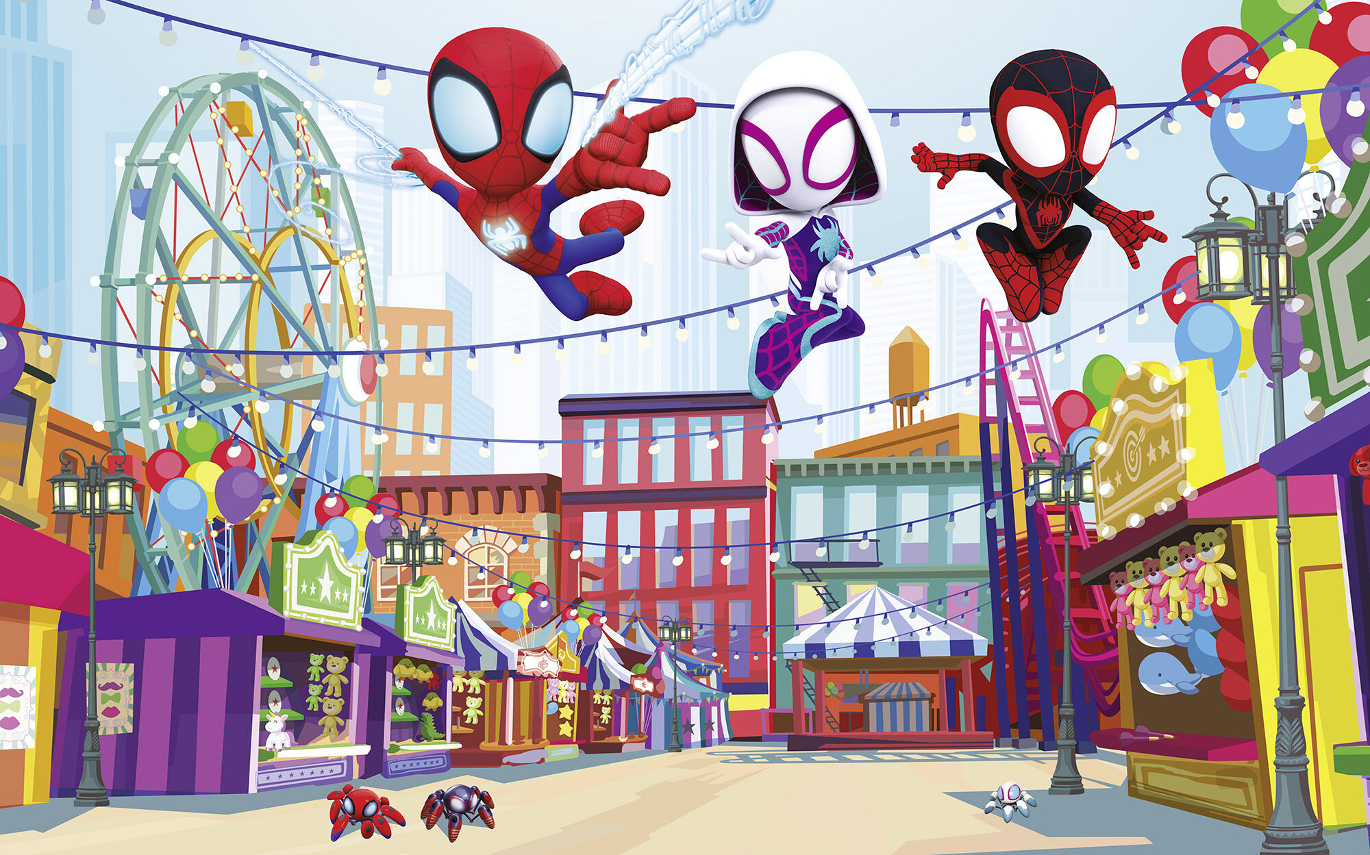 Kindertapete KOMAR "Marvel Spidey And His Amazing Friends Theme Park", bunt, B:400m H:250m, Vlies, Tapeten, Kindertapete bunt B/L: 400m, Rollen: 1