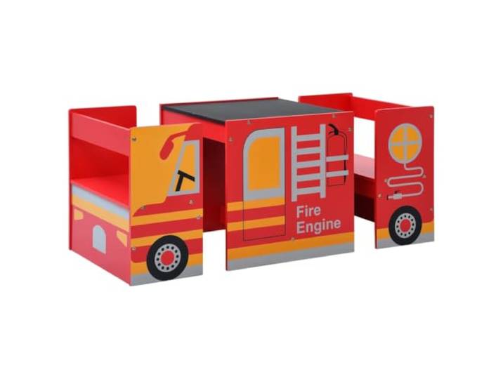 FDSAQOPT 3-TLG. -Sitzgruppe Feuerwehrauto-Design Holz Zwei Stühle, ein Tisch, Kreidetafel, MDF, lackiertes Kiefernholz, Ablage in Rückenlehne, leicht zu reinigen