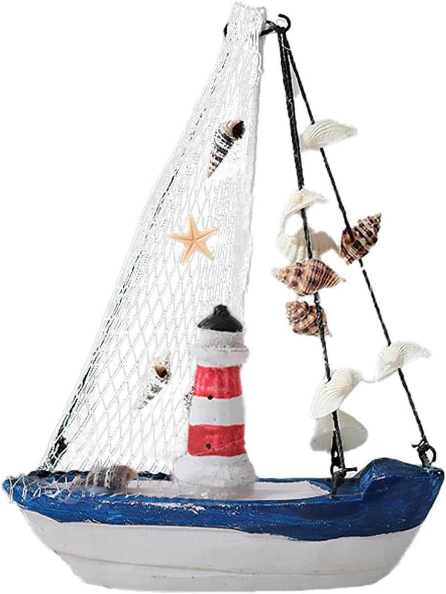 ByShayne Houten zeilboot model decoratie met strand en vuurtoren voor maritieme badkamerdecoratie