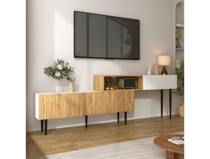 Meuble TV moderne à longueur réglable, optique en bois + blanc mat, pieds en métal noir, meubles de salon multifonctionnels