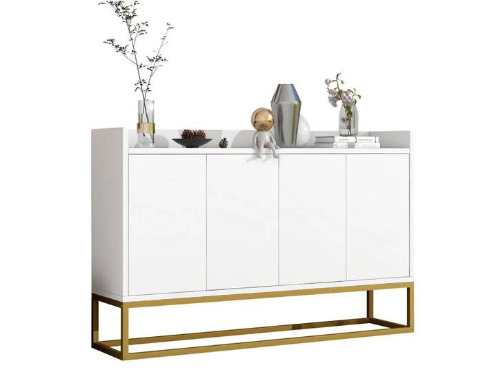 Evryae Sideboard Schrank ohne Griffe mit Metallrahmen verstellbare Regale Rückprall Türen, Weiß, 3 Fächer, Rechteckig,Rechteckig, 120x80x30 cm, Kleinmöbel, Kommoden, Sideboards