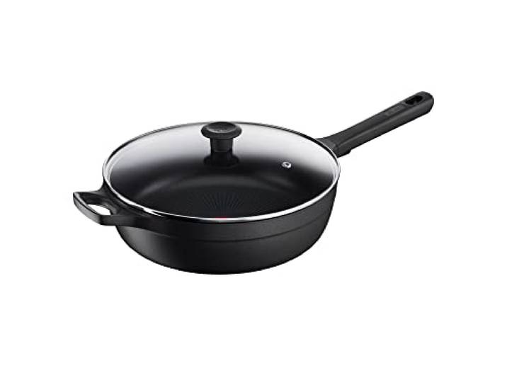 Tefal G61237 Trattoria Pro Schmorpfanne 28 cm mit Deckel Aluguss unbedenkliche Antihaftversiegelung Thermo-Signal Temperaturanzeiger für alle Herdarten geeignet induktionsgeeignet Schwarz